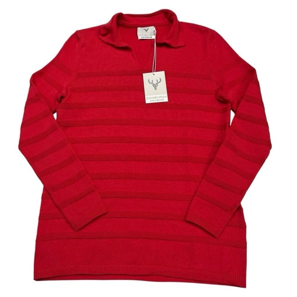 Edinburgh Knitwear Sweater Red Ribbed Polo Pima Cotton Size XS‎ Classic Mature